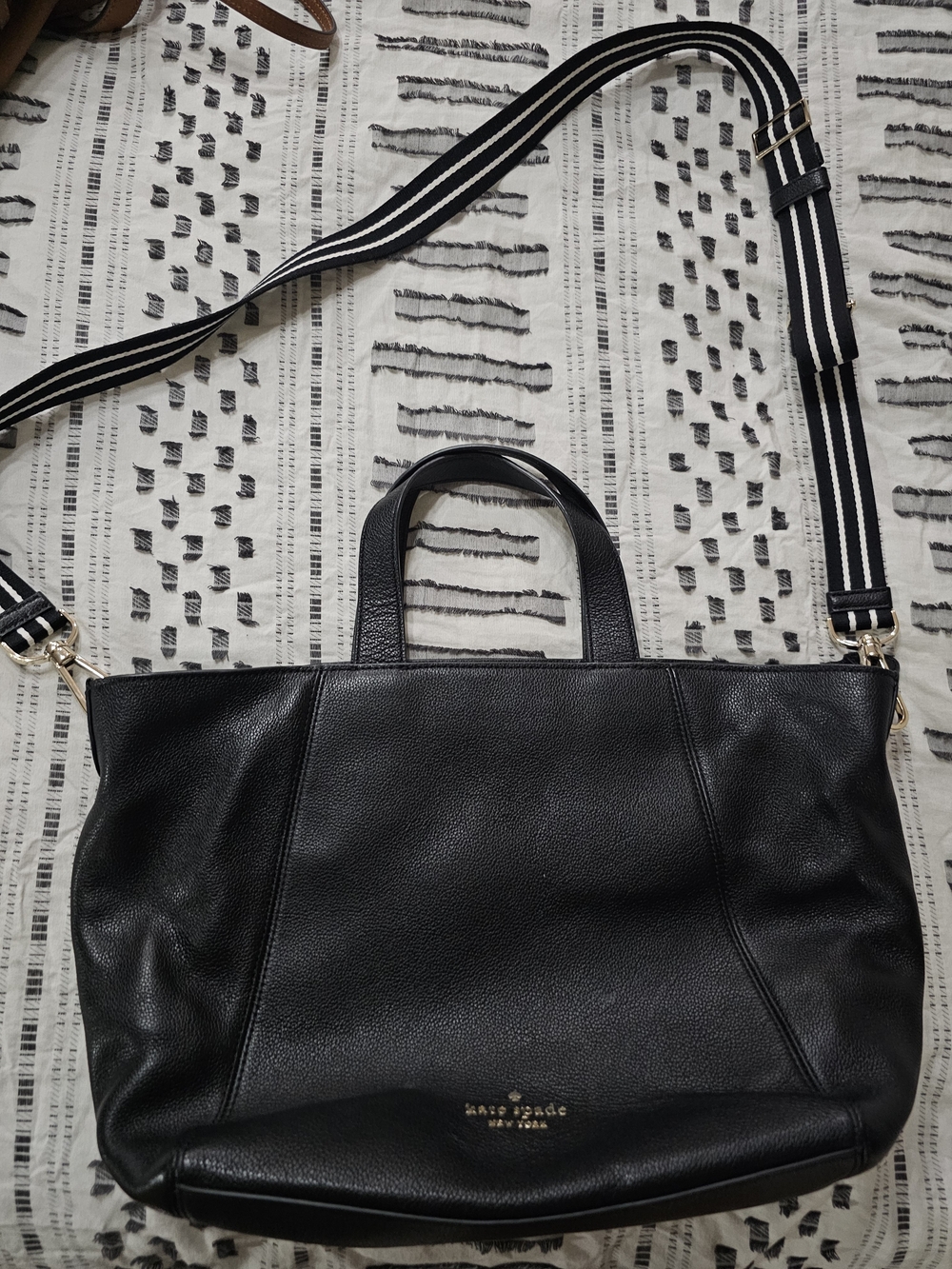 kate spade Black Pebbled Leather Shoulder Tote with Striped Crossbody Strap